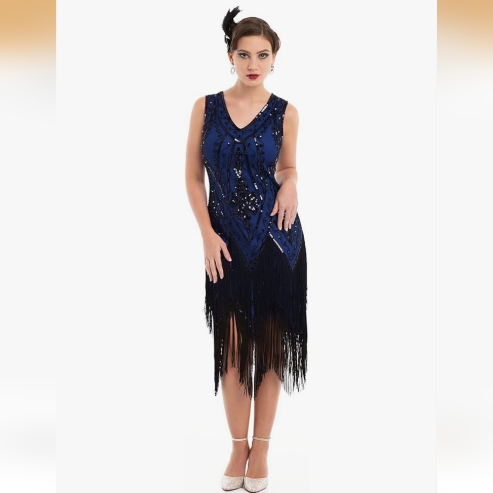 NWT Women's Roaring 1920's Midnight Blue And Black Flapper Dress Size--XL - Picture 8 of 8